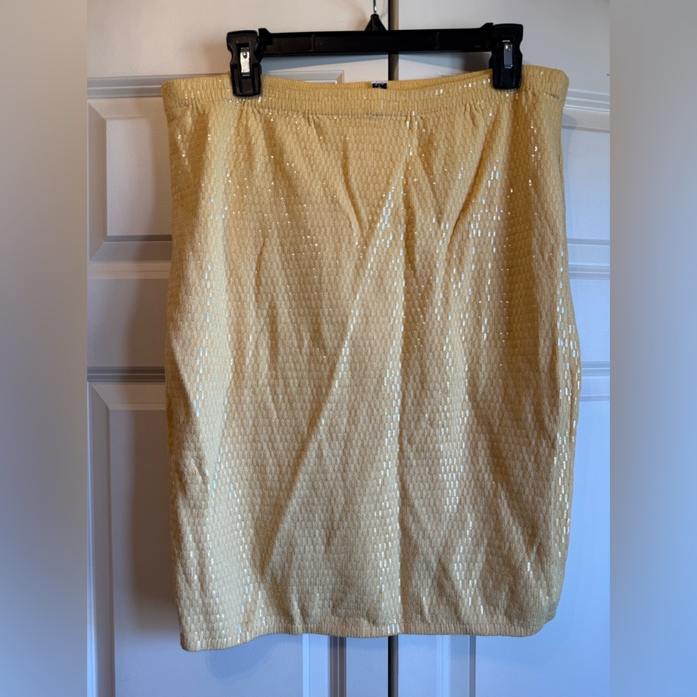Vintage USA Made Lemon Yellow Knit Shimmer Sequin Pencil Skirt - Size 12